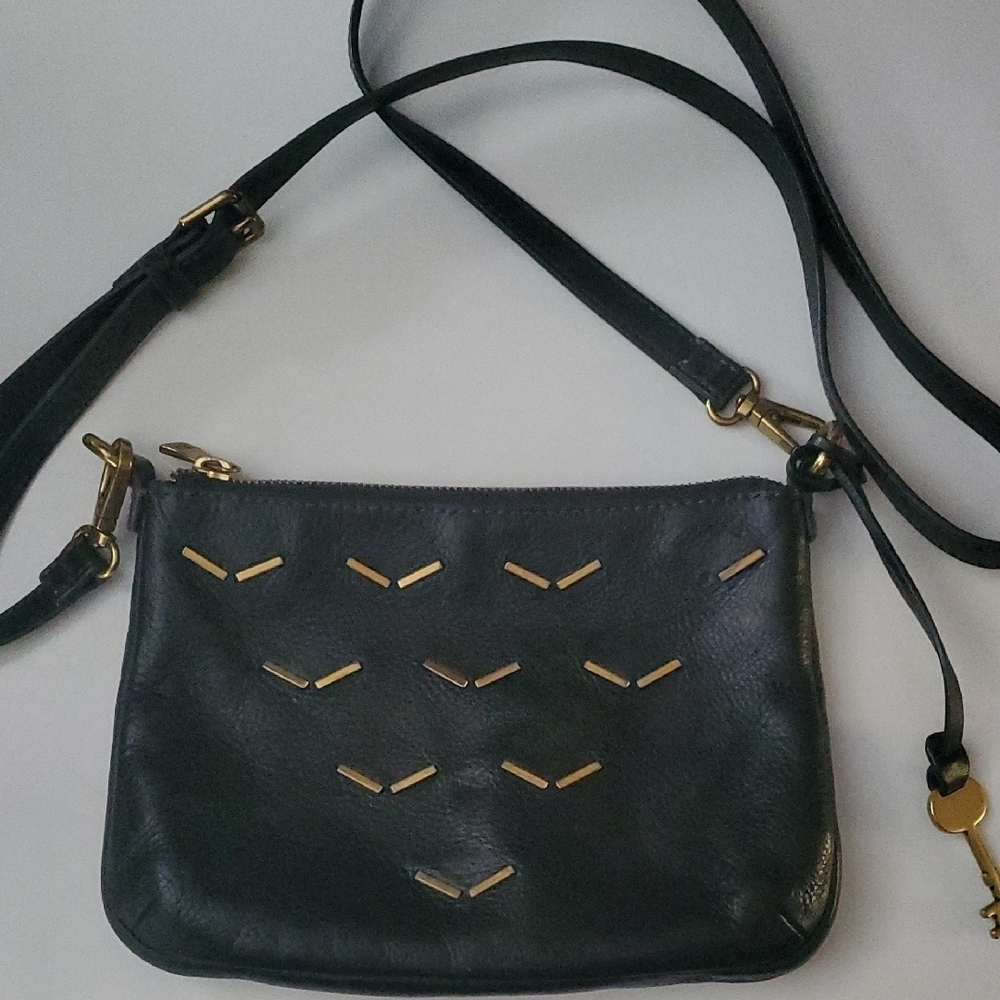 Fossil Black Leather Crossbody Bag Gold Beading 9×6 BoHo Western